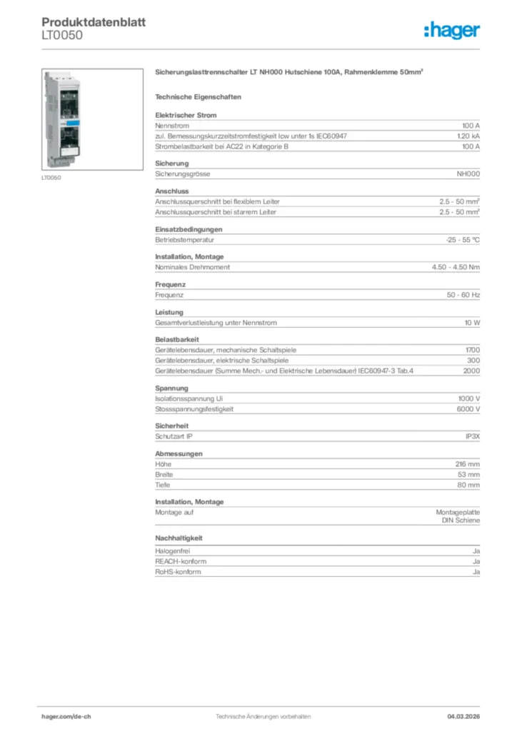 Bild Hager Produktdatenblatt LT0050 | Hager Schweiz