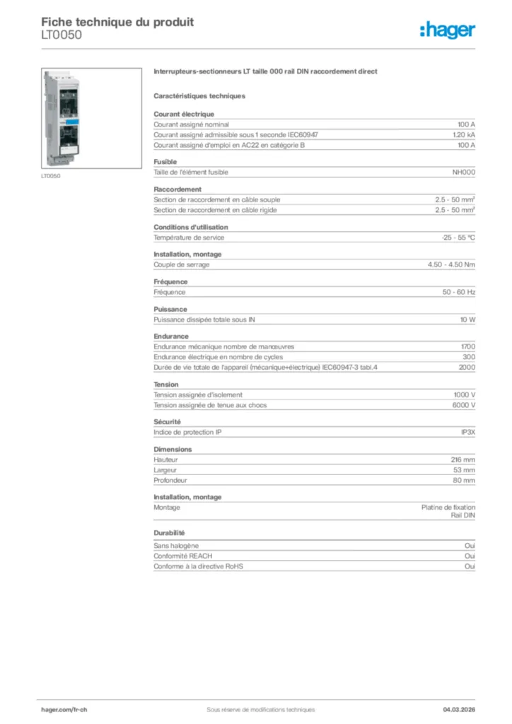 Image Hager Fiche technique du produit LT0050 | Hager Suisse