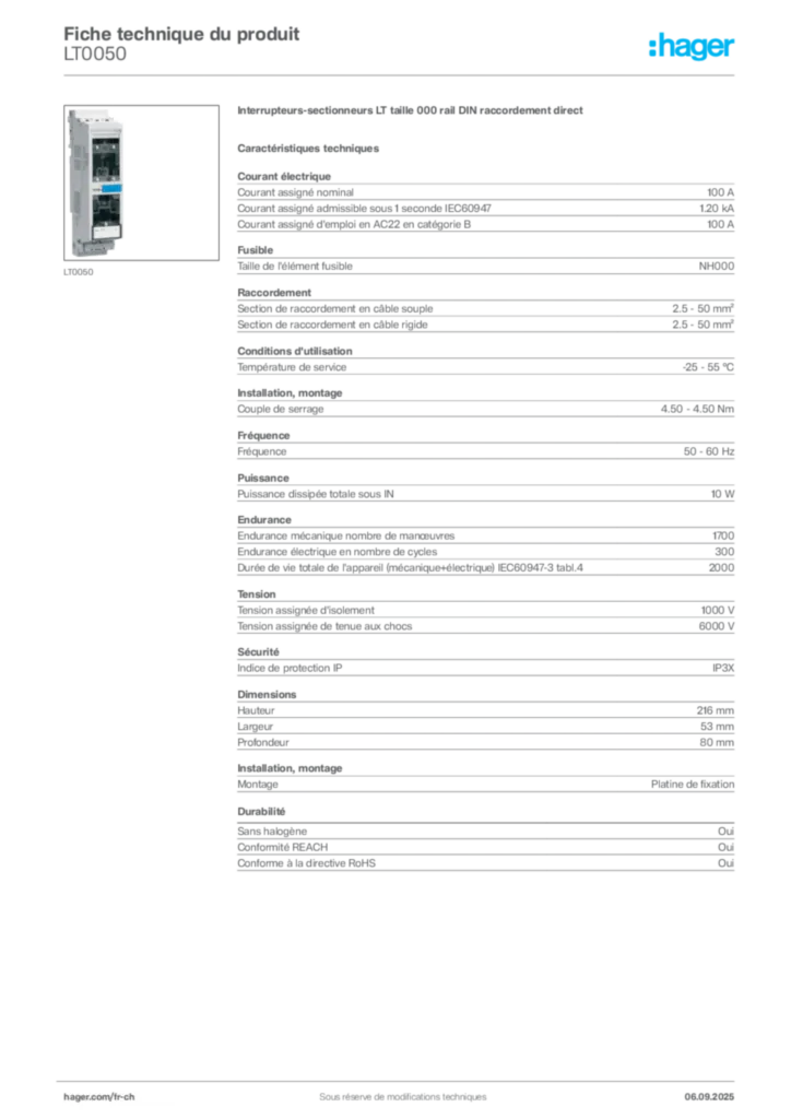 Image Hager Fiche technique du produit LT0050 | Hager Suisse