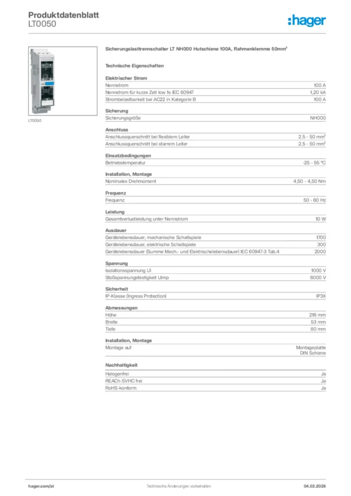 Bild Hager Produktdatenblatt LT0050 | Hager Deutschland