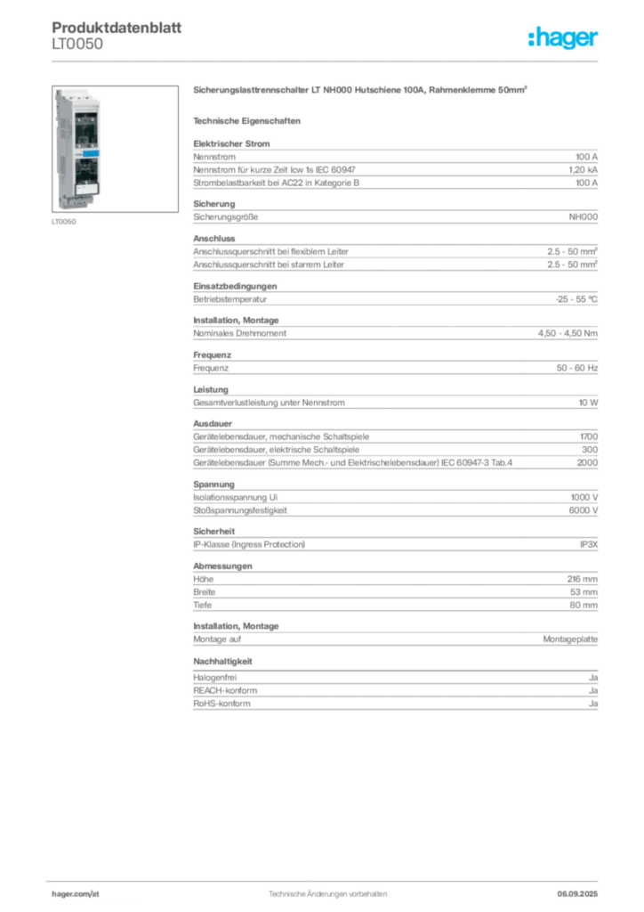 Bild Hager Produktdatenblatt LT0050 | Hager Deutschland