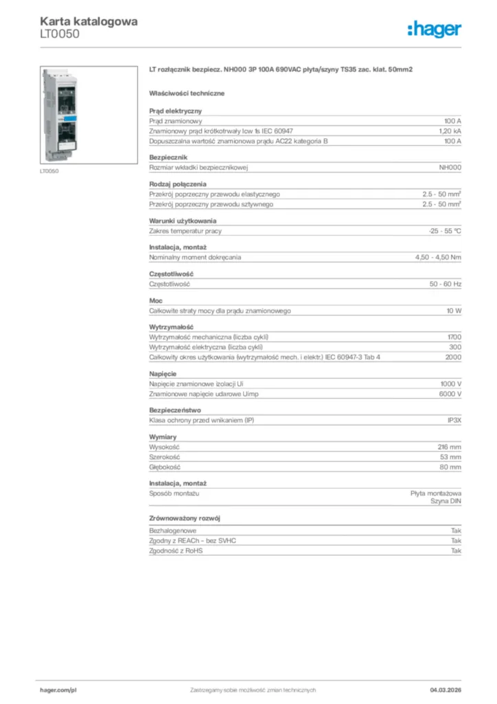 Zdjęcie Hager Karta katalogowa LT0050 | Hager Polska