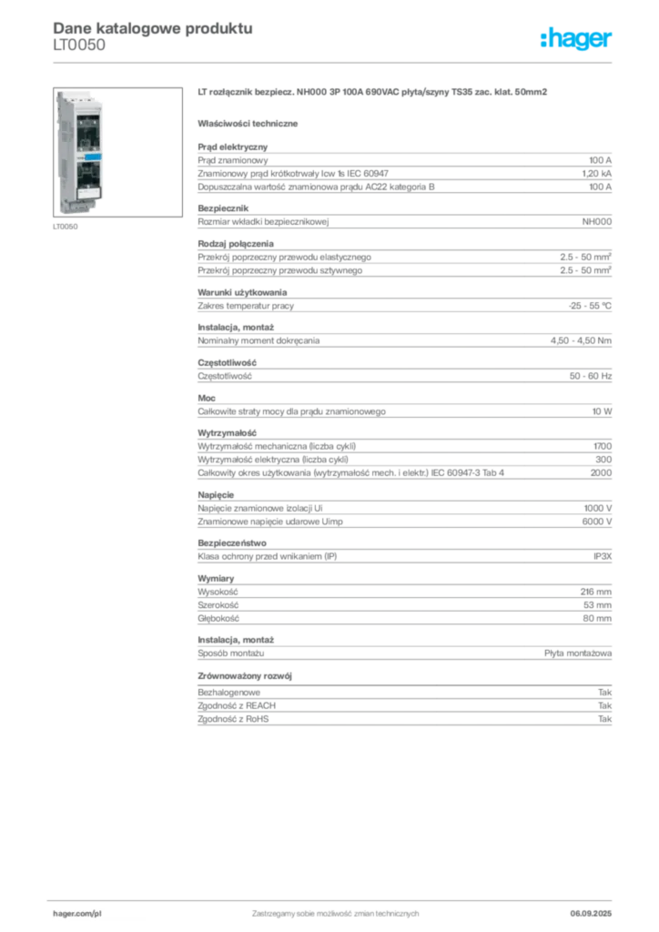 Zdjęcie Hager Dane katalogowe produktu LT0050 | Hager Polska