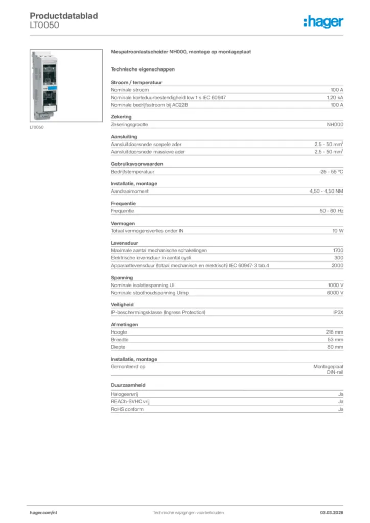 Afbeelding Hager Productdatablad LT0050 | Hager Nederland