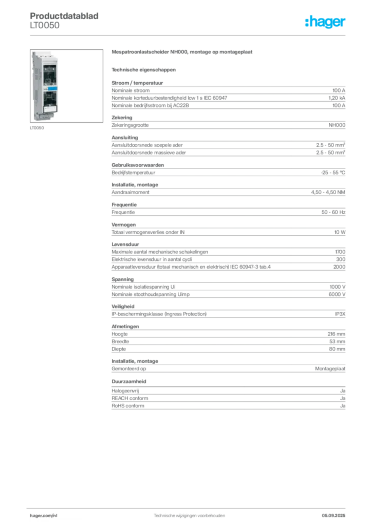 Afbeelding Hager Productdatablad LT0050 | Hager Nederland