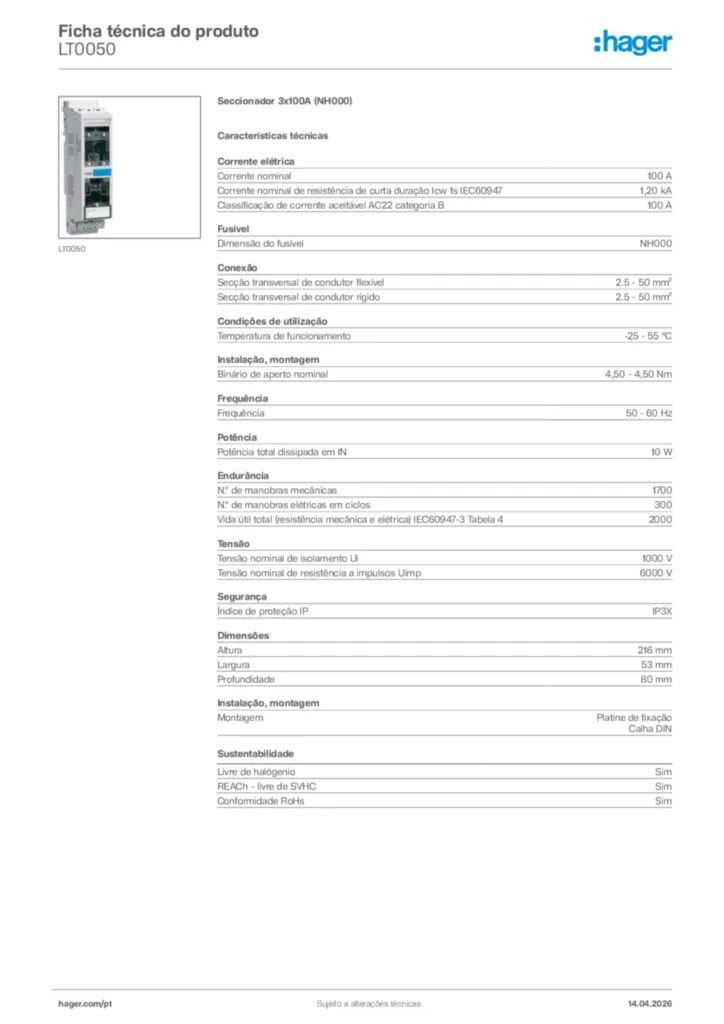 Imagem Hager Ficha técnica do produto LT0050 | Hager Portugal
