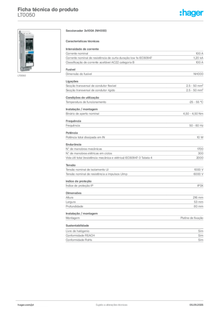 Imagem Hager Ficha técnica do produto LT0050 | Hager Portugal