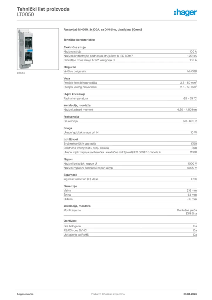 Slika Hager Tehnički list proizvoda LT0050  | Hager