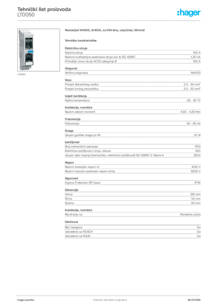 Slika Hager Product data sheet LT0050  | Hager