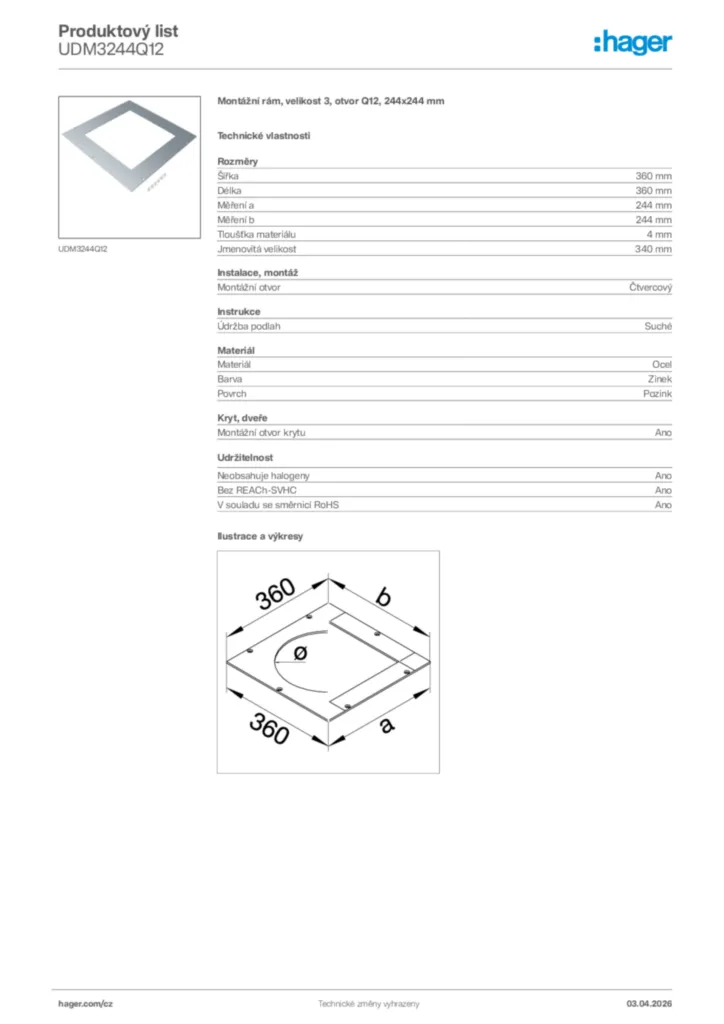 Obrázek Hager Product data sheet UDM3244Q12 | Hager