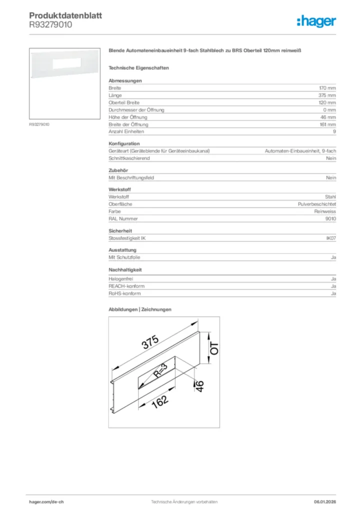 Bild Hager Produktdatenblatt R93279010 | Hager Schweiz