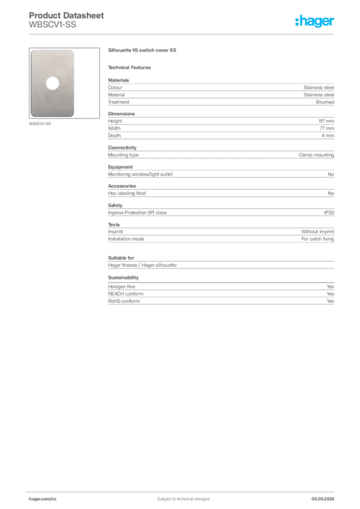 Image Hager Product data sheet WBSCV1-SS  | Hager New Zealand