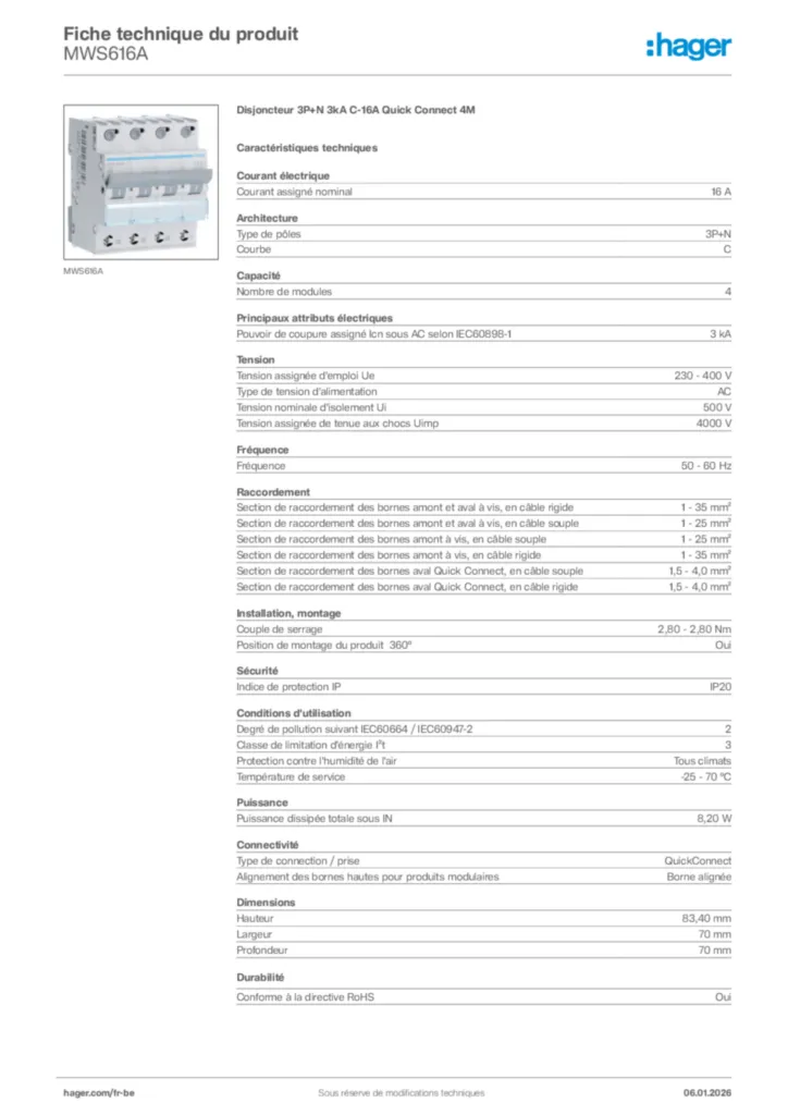 Image Hager Fiche technique du produit MWS616A | Hager Belgique
