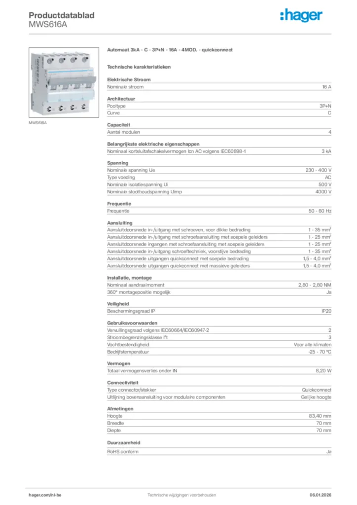 Afbeelding Hager Productdatablad MWS616A | Hager Belgium