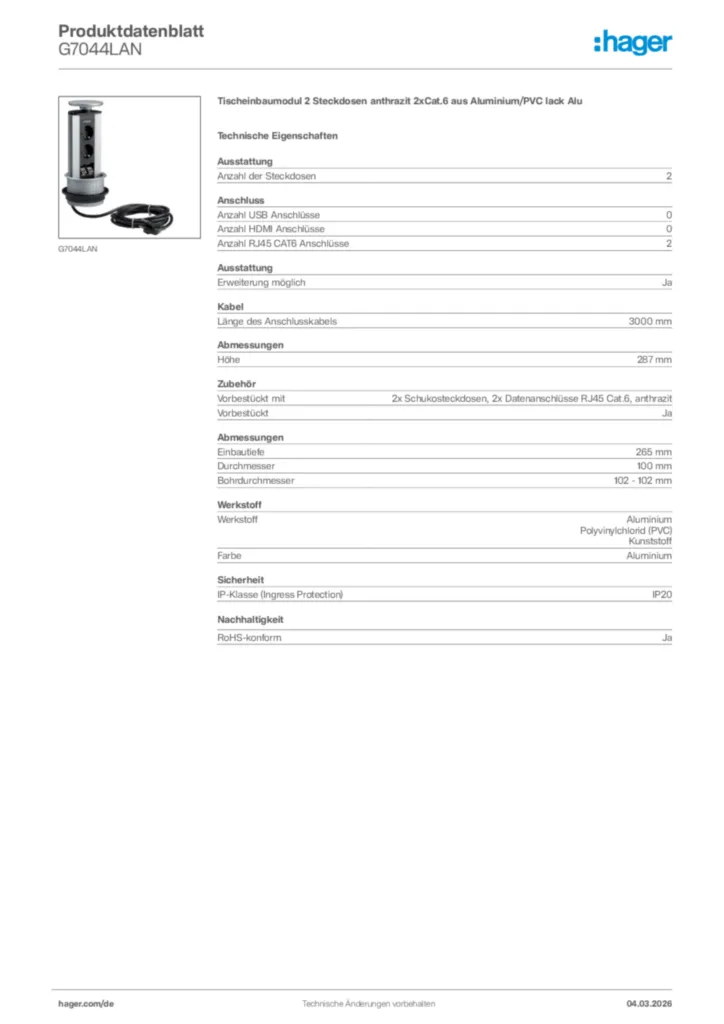 Bild Hager Produktdatenblatt G7044LAN | Hager Deutschland
