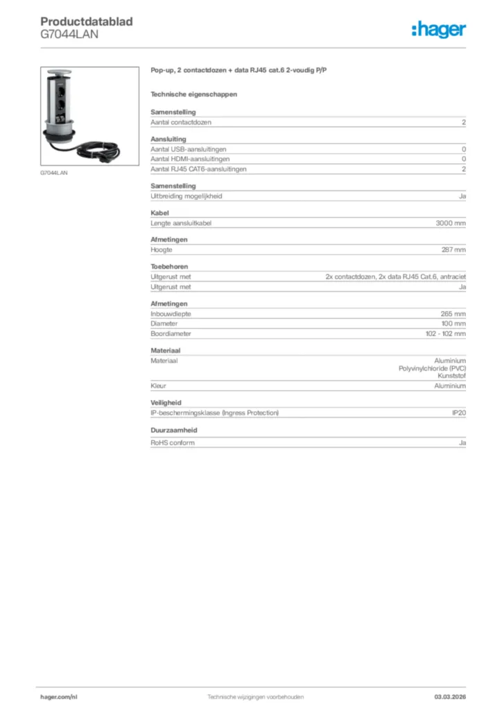 Afbeelding Hager Productdatablad G7044LAN | Hager Nederland