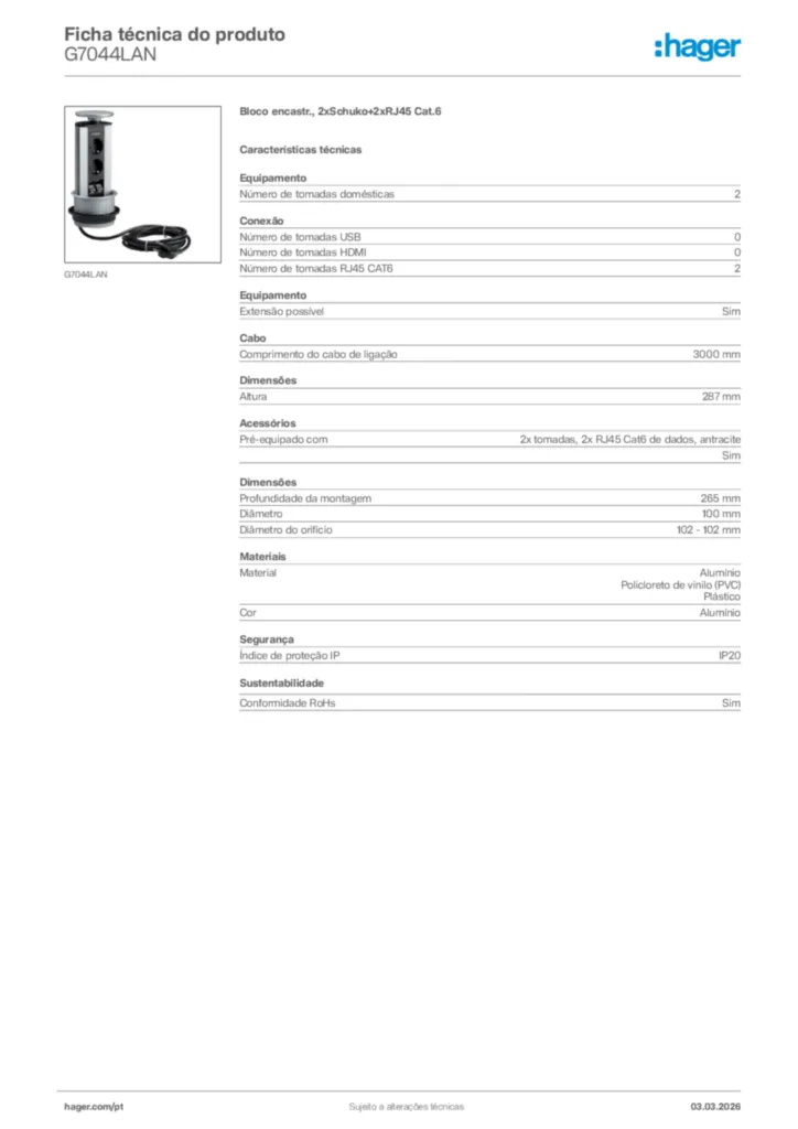 Imagem Hager Ficha técnica do produto G7044LAN | Hager Portugal