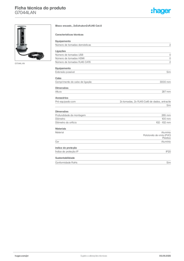 Imagem Hager Ficha técnica do produto G7044LAN | Hager Portugal