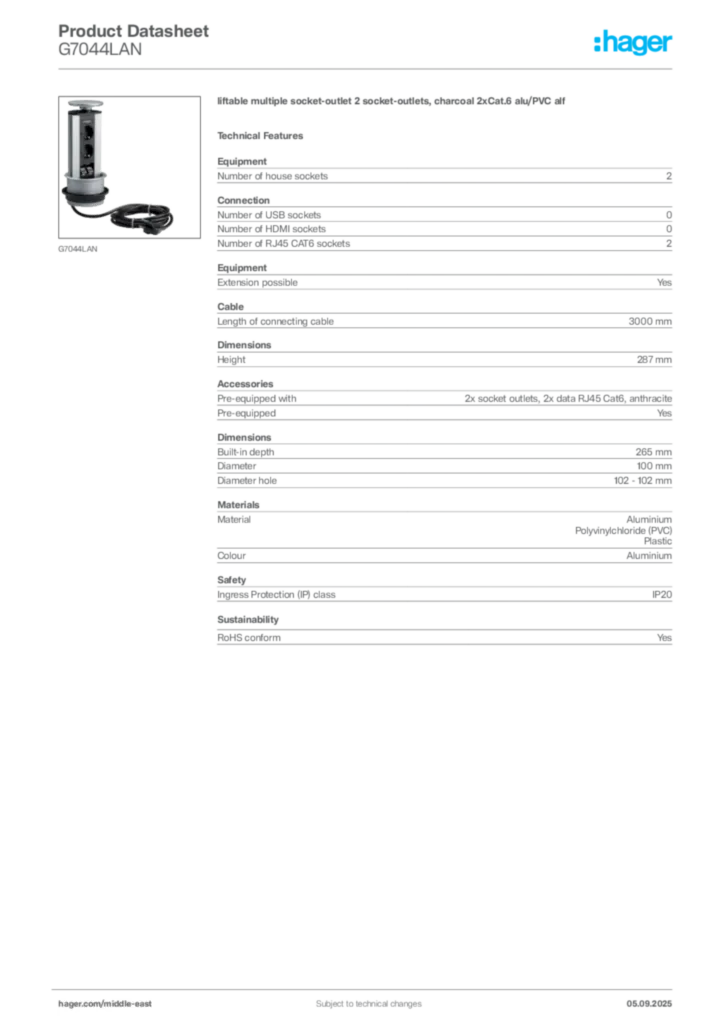 Image Hager Product data sheet G7044LAN  | Hager