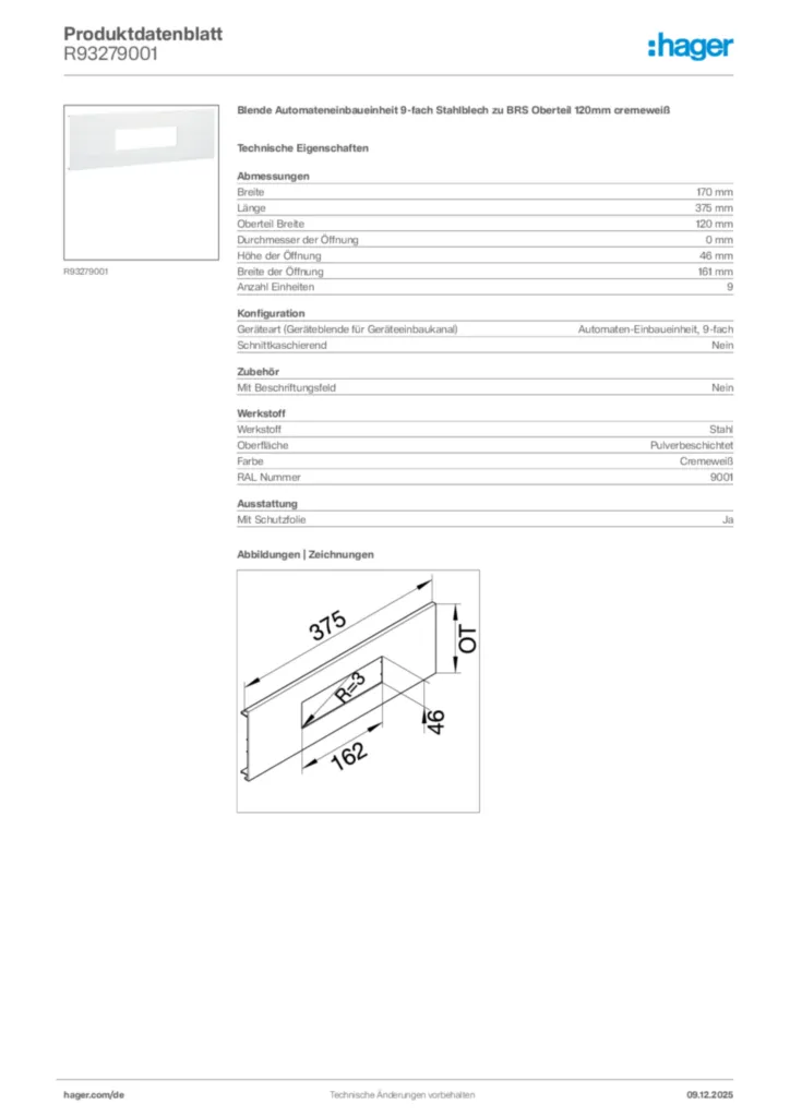 Bild Hager Produktdatenblatt R93279001 | Hager Deutschland