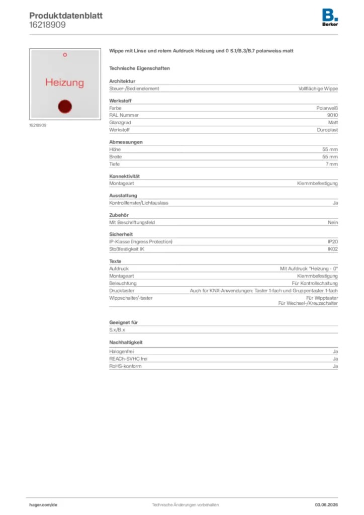 Bild Berker Produktdatenblatt 16218909 | Hager Deutschland