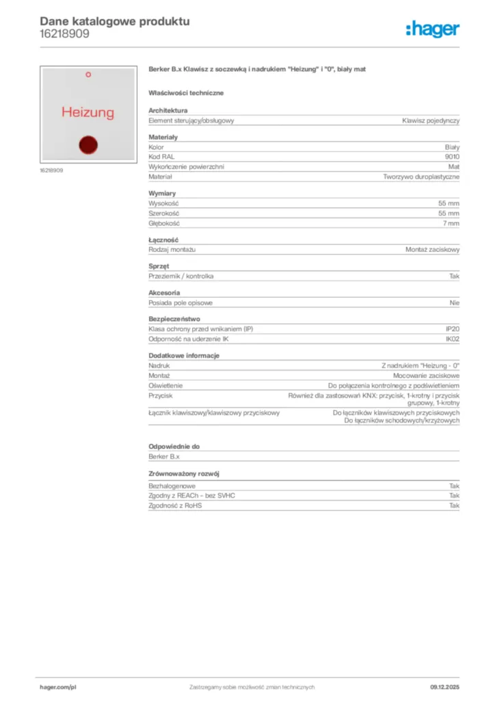 Zdjęcie Hager Karta katalogowa 16218909 | Hager Polska