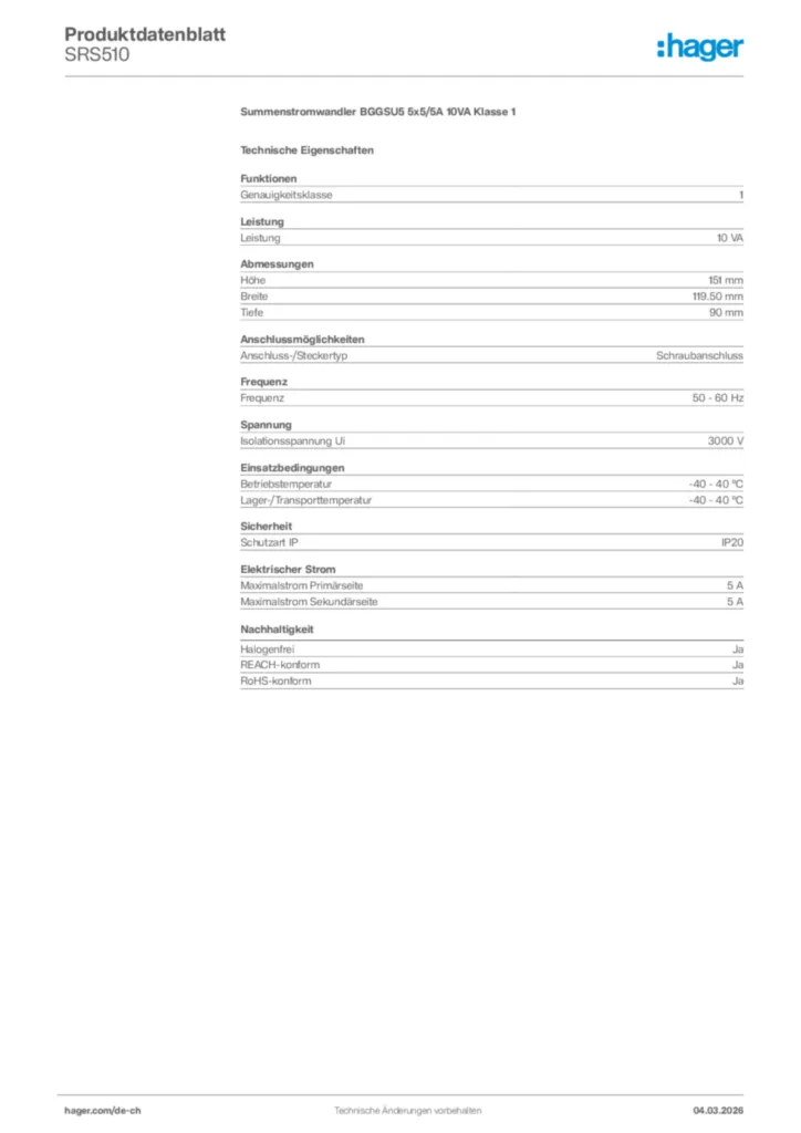 Bild Hager Produktdatenblatt SRS510 | Hager Schweiz