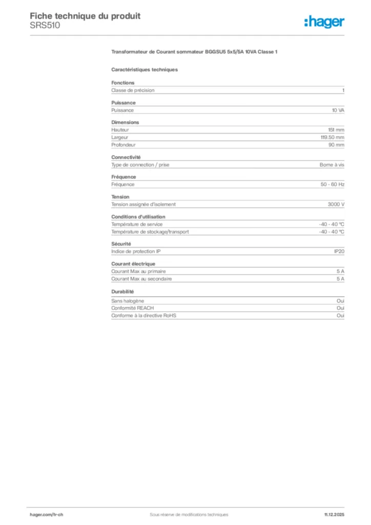 Image Hager Fiche technique du produit SRS510 | Hager Suisse