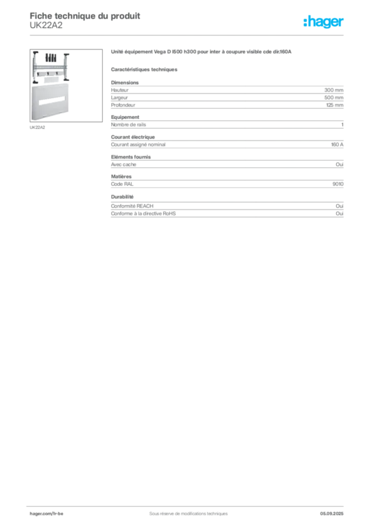 Image Hager Fiche technique du produit UK22A2 | Hager Belgique