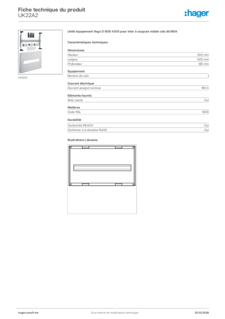 Image Hager Fiche technique du produit UK22A2 | Hager Belgique