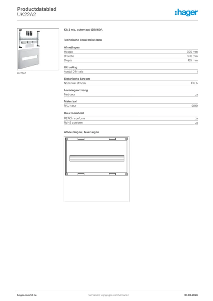 Afbeelding Hager Productdatablad UK22A2 | Hager Belgium