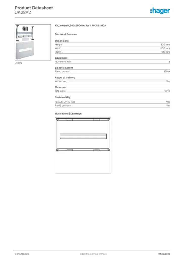 Image Hager Product data sheet UK22A2  | Hager