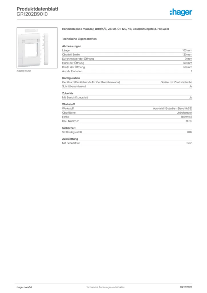 Bild Hager Produktdatenblatt GR1202B9010 | Hager Deutschland