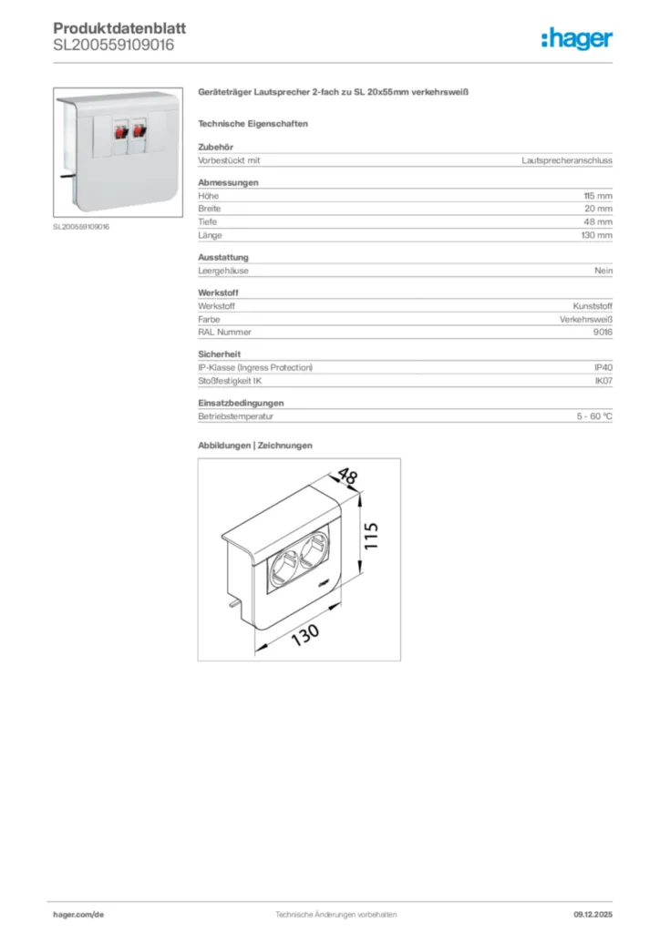 Bild Hager Produktdatenblatt SL200559109016 | Hager Deutschland