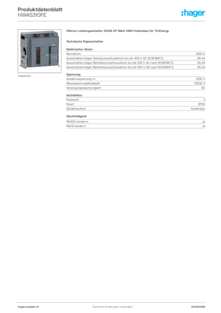 Bild Hager Produktdatenblatt HW4S310FE | Hager Schweiz