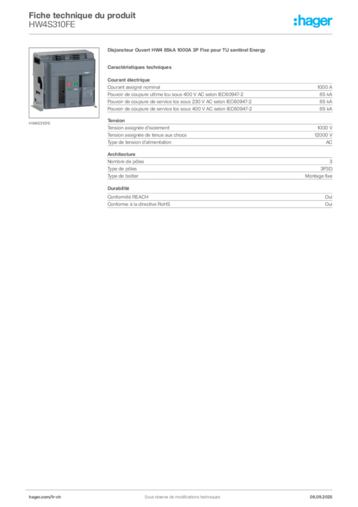 Image Hager Fiche technique du produit HW4S310FE | Hager Suisse