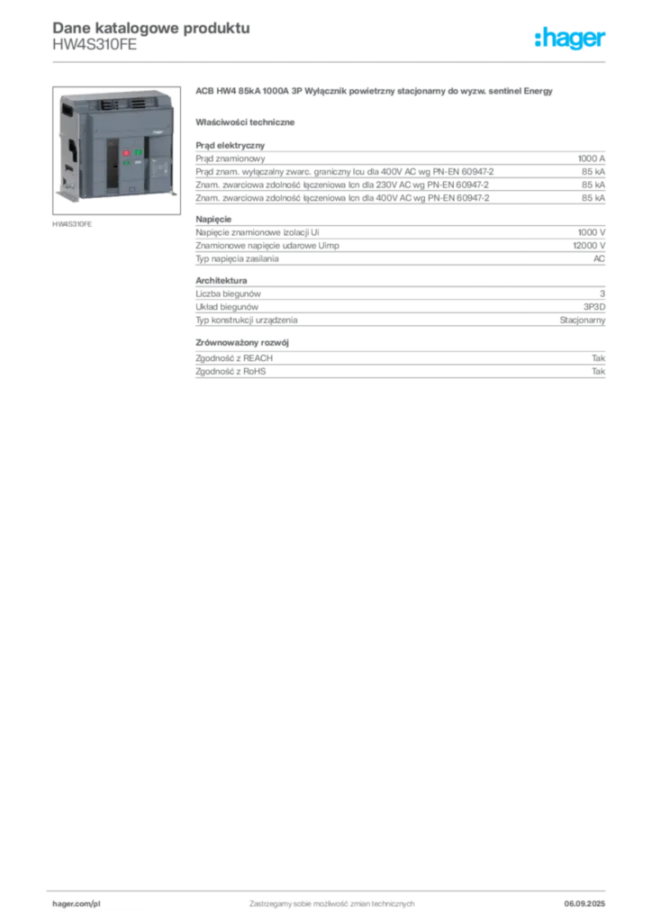 Zdjęcie Hager Dane katalogowe produktu HW4S310FE | Hager Polska