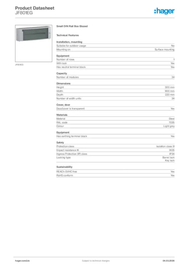 Image Hager Product data sheet JF801EG  | Hager