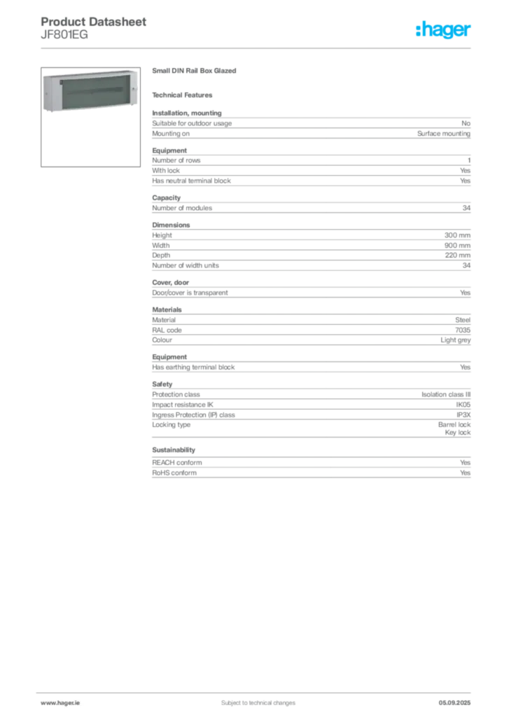 Image Hager Product data sheet JF801EG  | Hager