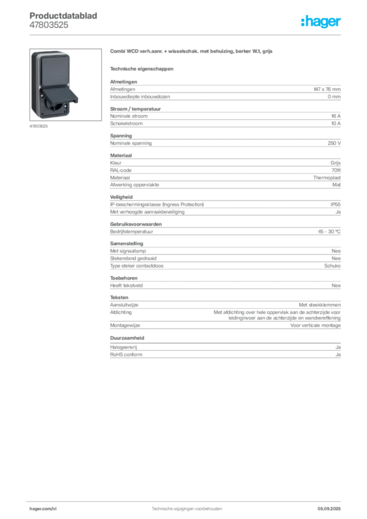 Afbeelding Hager Productdatablad 47803525 | Hager Nederland
