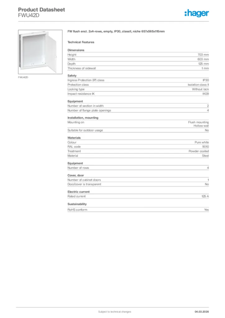 Image Hager Product data sheet FWU42D  | Hager Africa