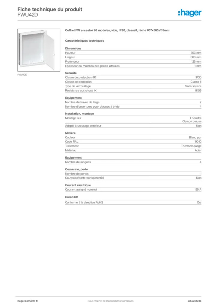 Image Hager Fiche technique du produit FWU42D | Hager Afrique