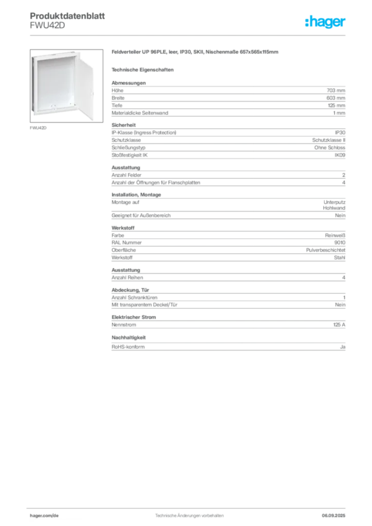Bild Hager Produktdatenblatt FWU42D | Hager Deutschland