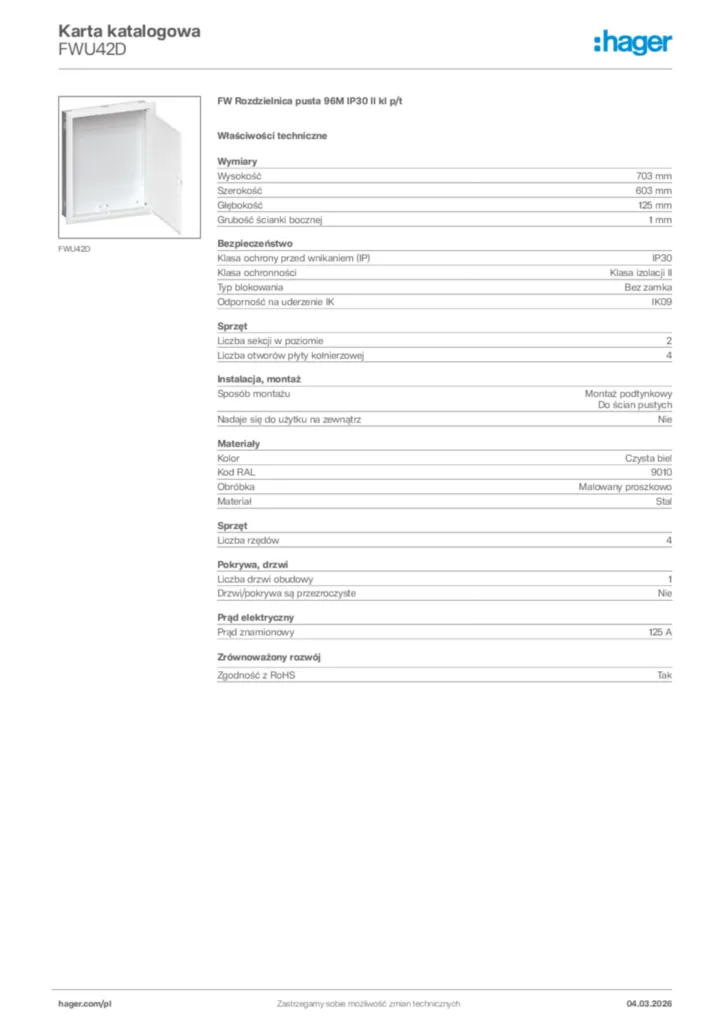 Zdjęcie Hager Karta katalogowa FWU42D | Hager Polska