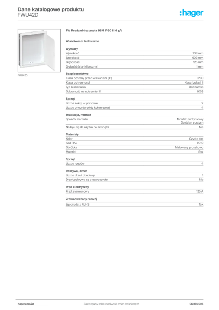 Zdjęcie Hager Dane katalogowe produktu FWU42D | Hager Polska