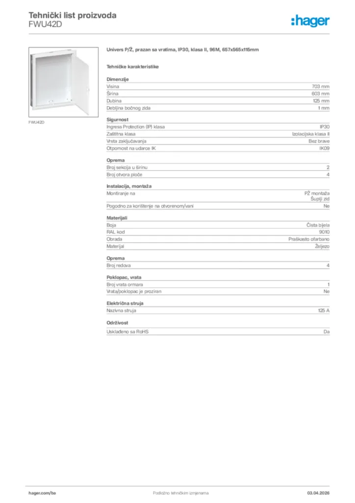 Slika Hager Tehnički list proizvoda FWU42D  | Hager