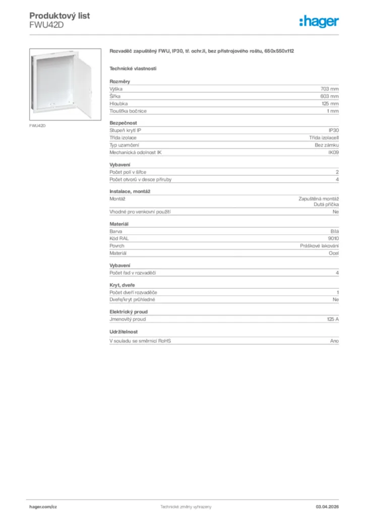 Obrázek Hager Product data sheet FWU42D | Hager