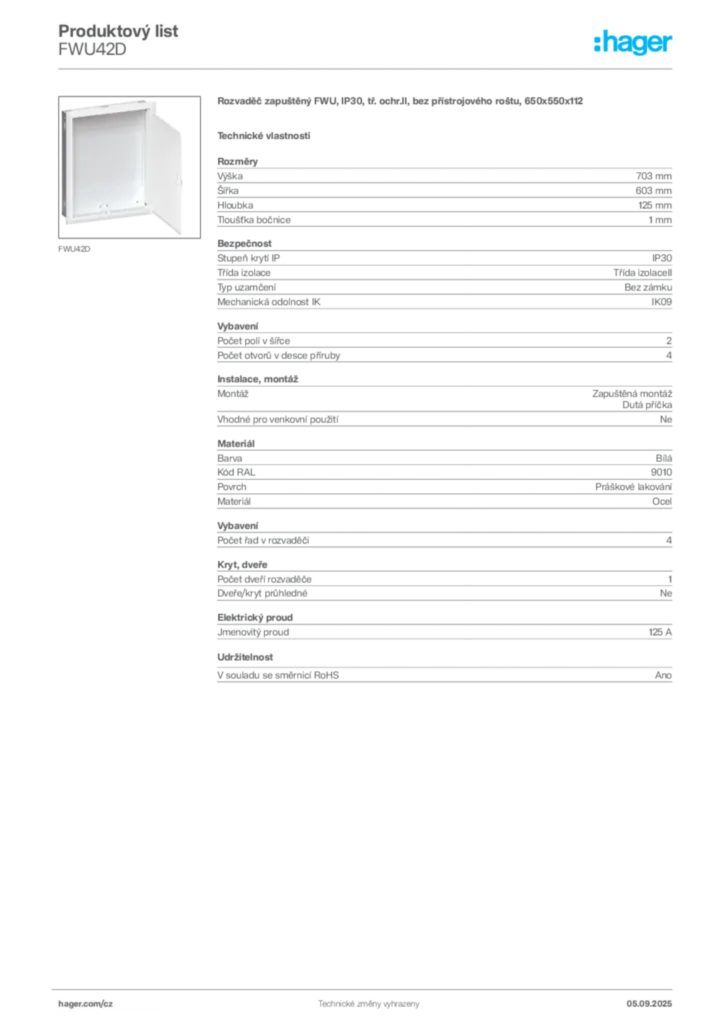 Obrázek Hager Produktový list FWU42D | Hager