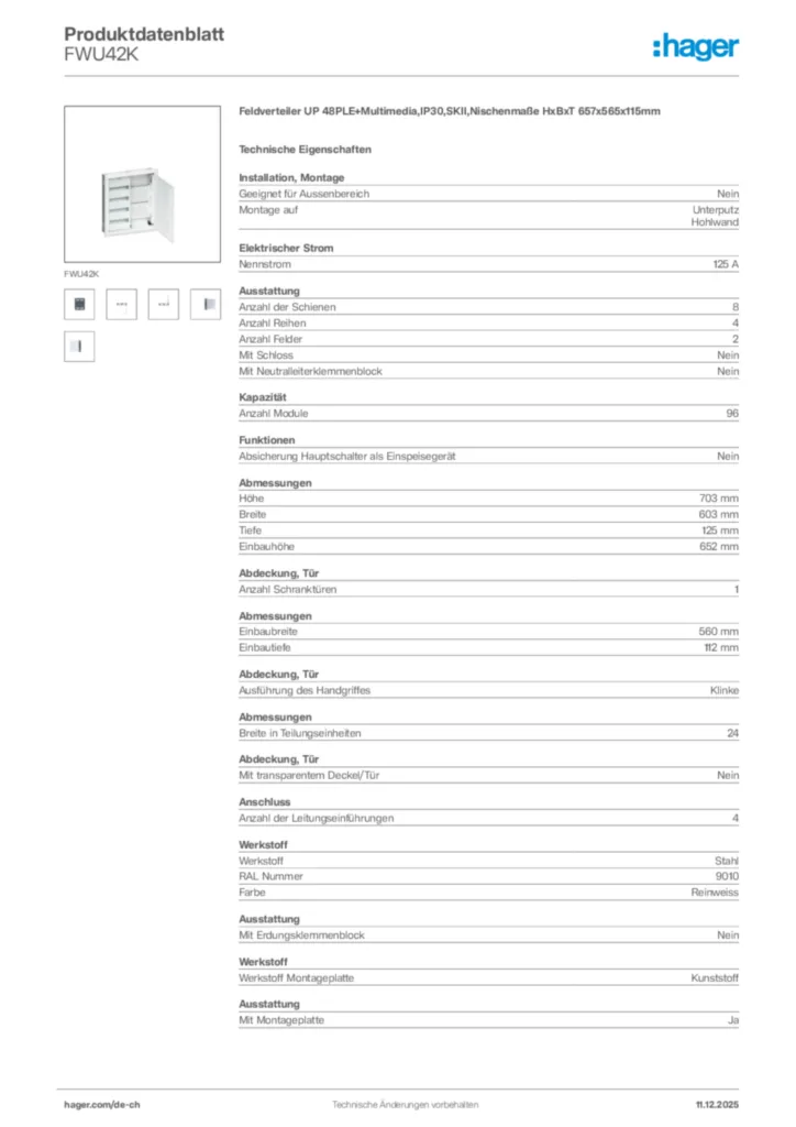 Bild Hager Produktdatenblatt FWU42K | Hager Schweiz