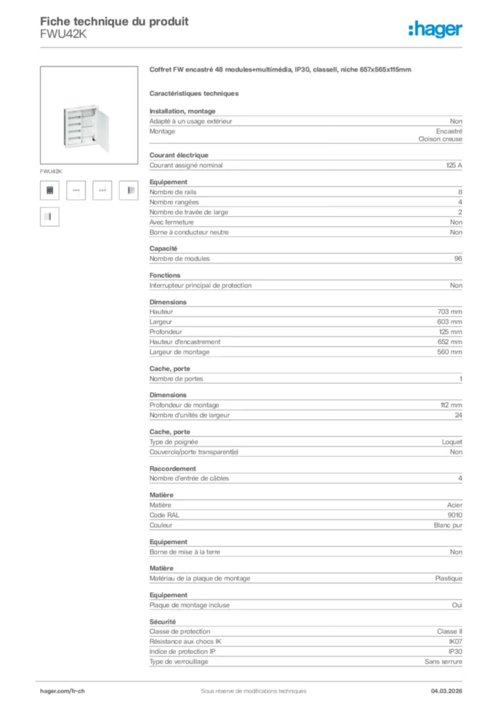 Image Hager Fiche technique du produit FWU42K | Hager Suisse